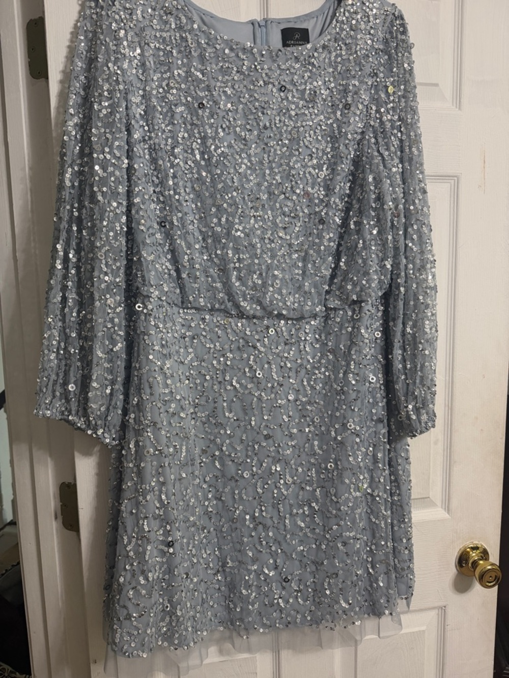 Adrianna Papell Silver Sequin Long Sleeve Cocktail Dress